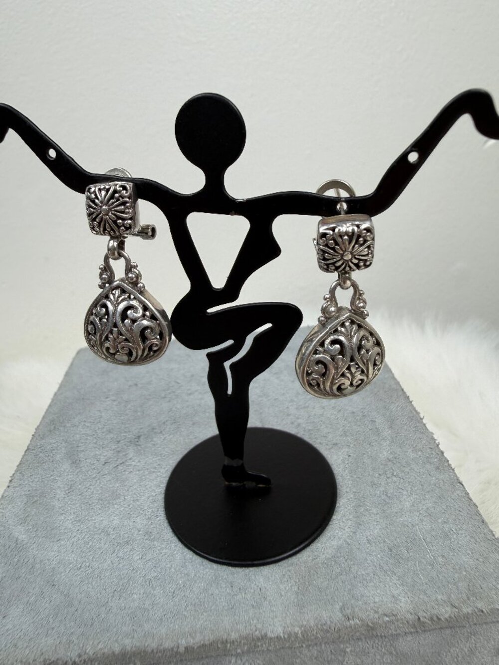 Sarda Art Deco Floral 925 Sterling Silver Dangle & Drop Stud Earrings